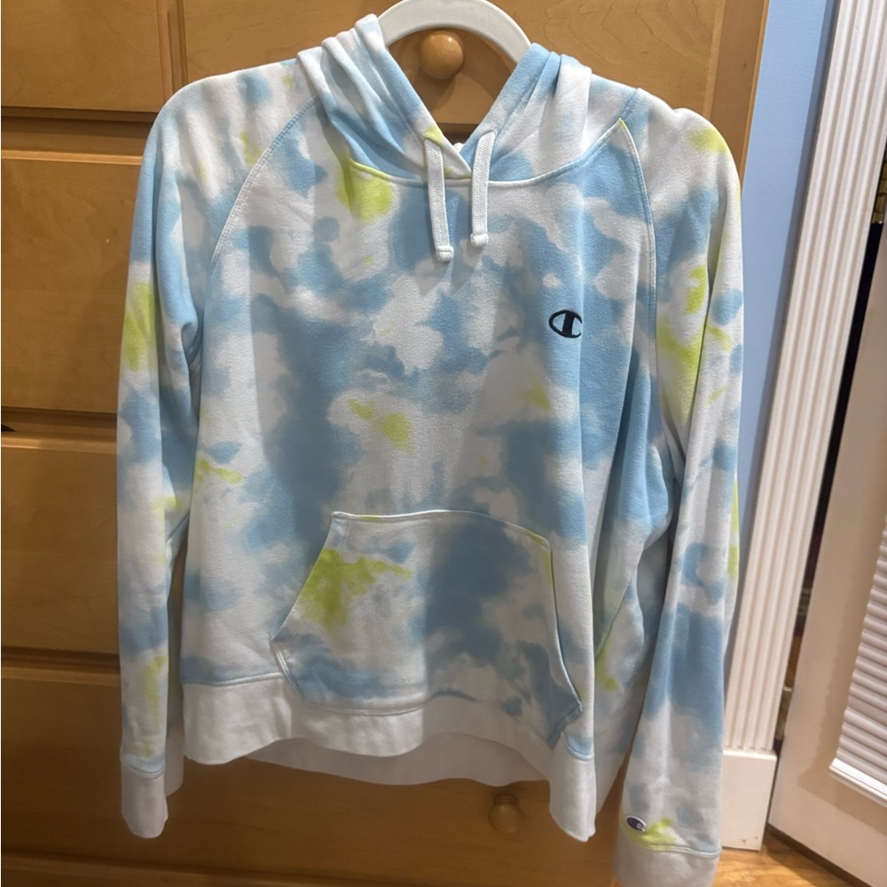 Champion Blue and Yellow Tie-Dye  cropped Hoodie